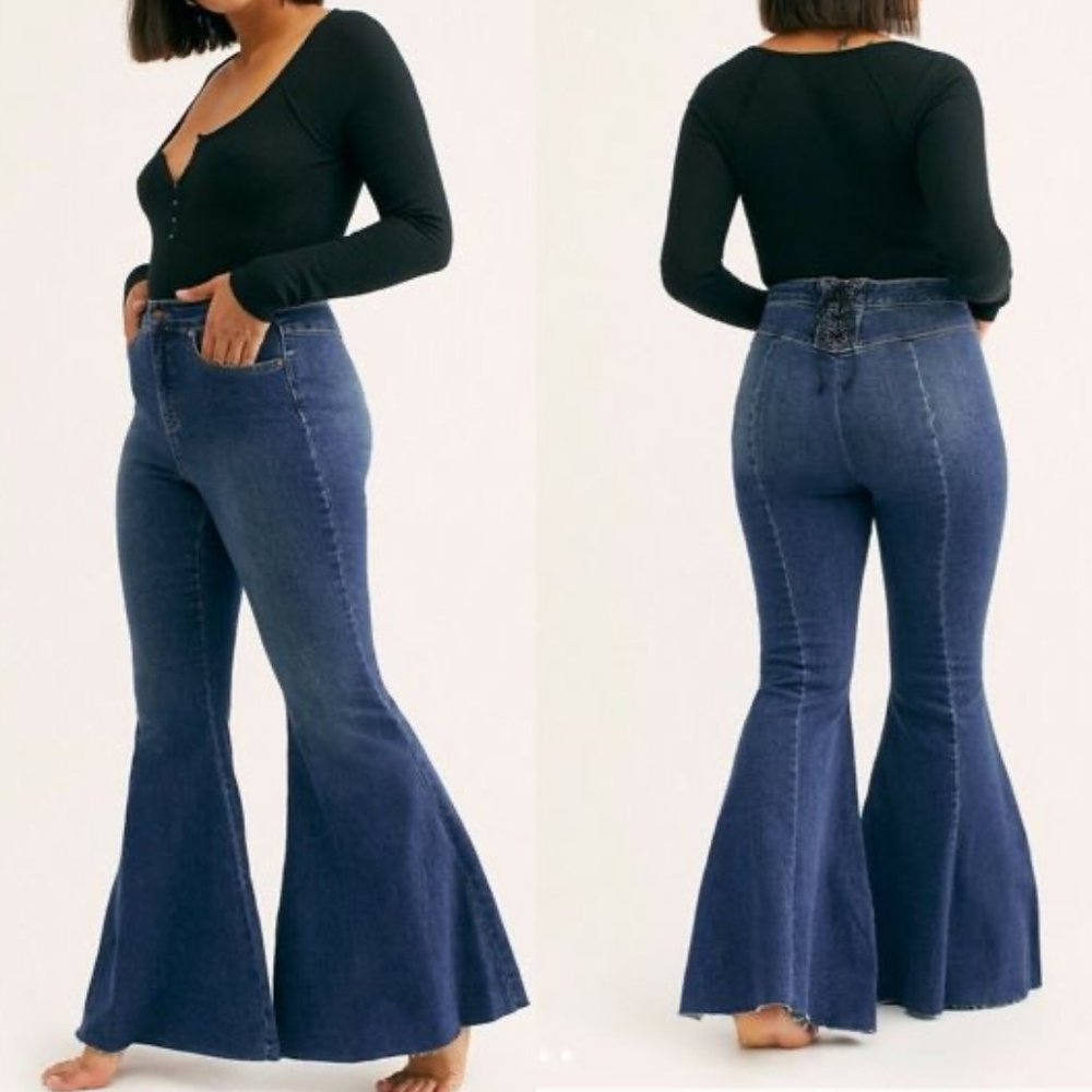Free People CRVY High Rise Lace Up Flare Bell Bottom Jeans in Dark Wash